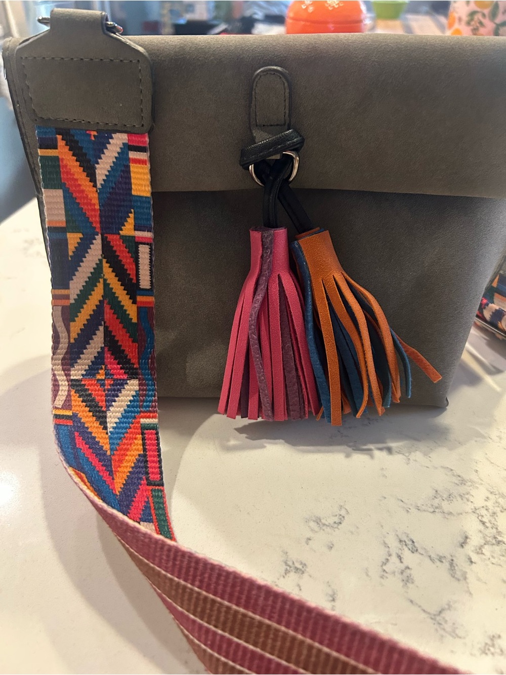 Women's Gray Crossbody Bag with Multicolor Tassels and Strap
